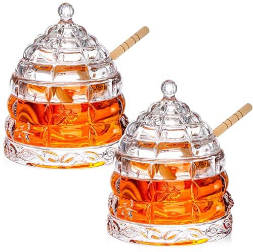 Hacaroa 2 Pack 10 Oz Glass Honey Pot with Lid and Wooden Dipper, Clear Honey Jar Beehive Honey Dish Dispenser Container for Jam Jelly, Home Kitchen, Wedding Gifts, Candlesticks, Barware