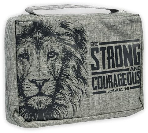 Christian Art Gifts Value Poly-Canvas Bible Cover for Men & Women: Strong & Courageous Bold Lion - Joshua 1:9 Inspirational Scripture w/Pocket, Sleeves, Pen Loops to Organize Accessories, Gray, Large