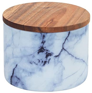 WENKO Boîte de conservation Mio, boîte à provisions en verre borosilicate à l'aspect marbré bleu/blanc avec couvercle à fermeture hermétique en bois d'acacia brun certifié FSC®, 0,5 L, Ø 11 x 8,5 cm