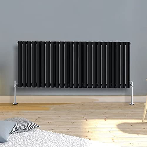 Warmehaus 600x1416mm Slimline Horizontal Radiators Black Single Modern Wall-Mounted or Floor Standing Oval Panel Radiator