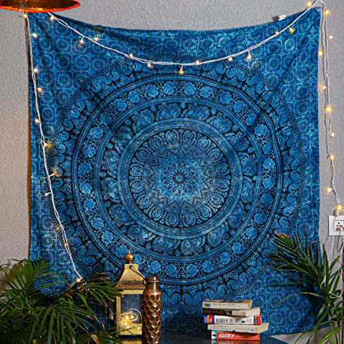 Craft Trade Mandala Blau Wandteppich Indische Wandtuch Tapestry Wandbehang Boho Wandteppiche für Heimdeko Wohnzimmer und Schlafzimmer - 127 x 152 cm