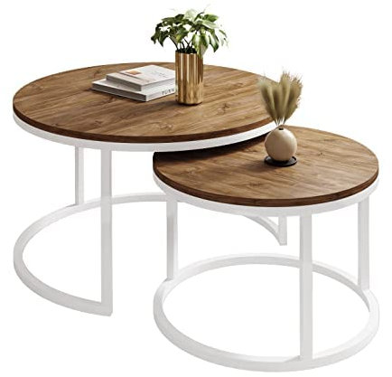 lukmebel Couchtisch rund - CIRI 2in1 - Beistelltisch rund - Kaffetisch - Industrial Deko - Deko Wohnzimmer - Kleiner Beistelltisch - Sofatisch - Kleiner Tisch - Weiß, Stirling Eiche