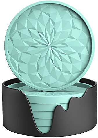 ME.FAN Silicone Coasters [6 Pack] Coasters with Holder - Drinking Coasters - Cup Mat for Drinks - Live for Hot or Cold Drink Thickened, Non-Slip, Non-Stick, Deep Tray Mint Green