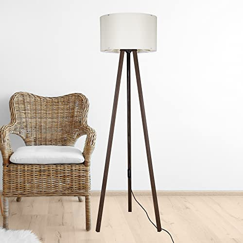lux.pro Stehlampe Keynes 1 x E27 Stehleuchte für Wohnzimmer Dreibein Holz Standleuchte Walnuss-Optik Creme