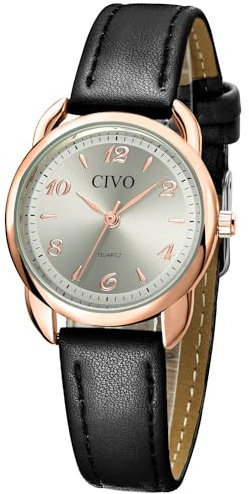 CIVO Uhr Damen Leder Zahlen Klassisch Schwarz Quarz Analog Armbanduhr Damen Wasserdicht Minimalistische Elegante Lässig Geschenke Uhren fur Damen Frauen
