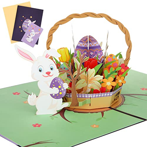 Ostern Grußkarte 3D Pop Up Osterkarte mit Osterkörbchen Ostereier Blumen Mustern Religiös 3D Osterhasen Karten mit Umschlag und Schreibkarte Ostern 3D Klappkarte für Familie Kinder Geschenk