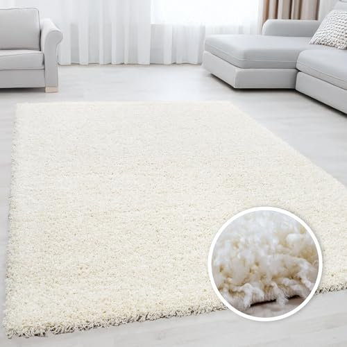 Miovani Hochflor Teppich 160x230 cm Creme - Besonders weicher Shaggy Teppich in vielen Farben & Größen für Dein gemütliches Zuhause - Teppich Wohnzimmer & Schlafzimmer
