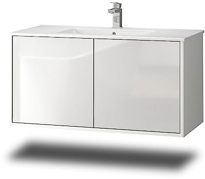 Stil.Zeit Evelou Badmöbel inkl. Waschbecken | Waschtisch mit Unterschrank 100.5 cm | Weiß/Hochglanz Weiss | Push-to-Open/hängend