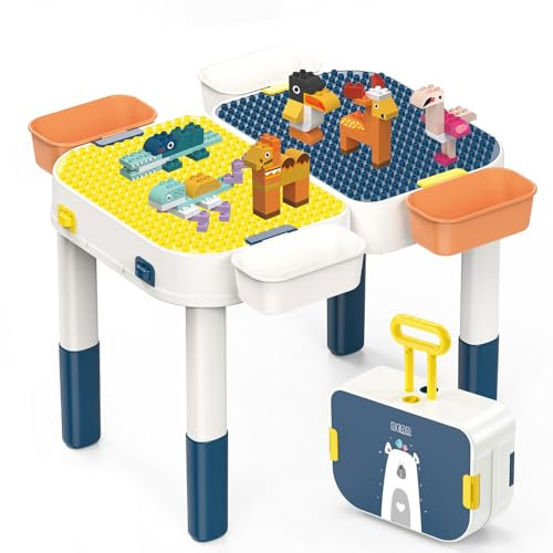RedCrab Kindertisch Set Bausteintisch mit Aufbewahrung, Kinder Spieltisch Kompatibel mit Bausteinen Spielzeug, Multifunktionaler Aktivitätstisch - Umwandelbar in Gepäck mit Rollen