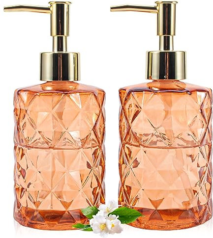 GOYISEE Glas Seifenspender,12 Oz Diamant Design Glas Nachfüllbare Hand Seifenspender, Mundwasser Lotion Spender für Küche, Badezimmer (Amber 2 Pack)