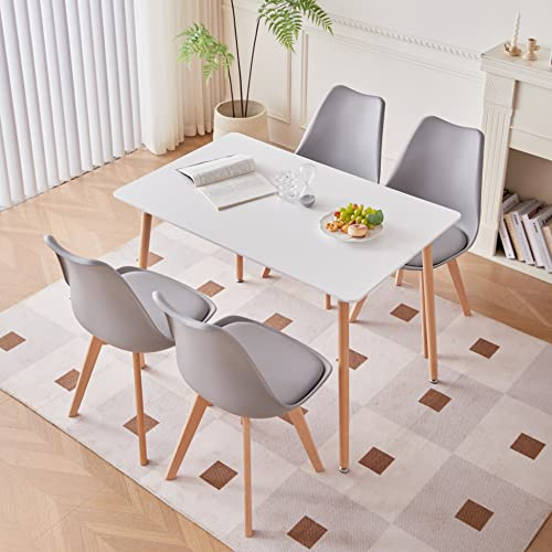 HJhomeheart Essgruppe mit Tisch und Stühlen, Rechteckiger Esstisch und 4 Skandinavische Küchenstühle, für Esszimmer, Küche, Wohnzimmer, Weiß + Grau