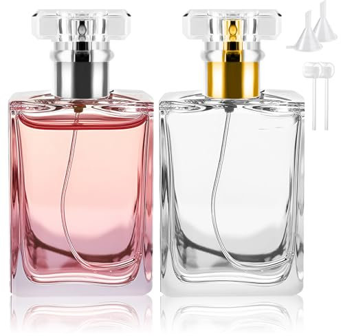 Bohoray 2Pcs 50ml Empty Glass Perfume Atomiser, 2 Colors Clear Glass Atomiser Spray Bottles, Refillable Spray Perfume Bottles Fine Mist Cosmetic Container for Travel