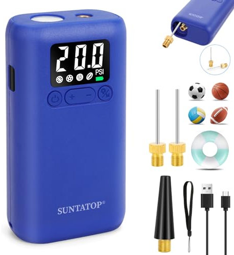 SUNTATOP Luftpumpe Tragbarer Elektrischer Luftgenerator 1,38 bar Max. mit 200-Lumen-Taschenlampe, Wiederaufladbarer Luftpumpe für Fußbälle Basketbälle Volleybälle Rugby