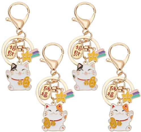 WEBEEDY 4 Porte-Clés Chat Porte-Bonheur Maneki Neko, Chat Chinois Feng Shui, Signe de Fortune Amulette de Protection pour Sac à Main, Sac à Dos, Sac à Main, Breloque à Suspendre pour Clés de Voiture