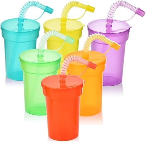 ALINK Plastic Kids Party Neon Sipper Cups with Lids and Straws, 6 Pack 380 ml Leak Proof Colorful Favor Cups for Birthday, Holiday, Events, Party Decoration Supplies