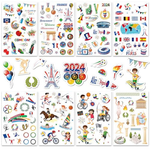 DPKOW 24 Blatt Paris Spiele 2024 Sticker zum Basteln, Sport DIY Aufkleber für Scrapbooking Bullet Journal, Sommer Paris Spiele 2024 Aufkleber Medaillen Fackel Flaggen Antikes Griechenland Sportler