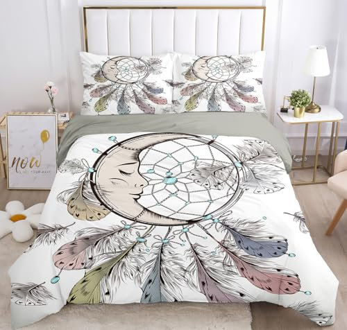 KXHHYB Traumfänger Bettwäsche Set 135x200 Federmuster Bettwäsche Weich und Angenehm Microfaser 3 Teilig (Graues Innenfutter)- Bettbezug 135x200+Kissenbezug 50x75cm (Style-1,135x200cm)