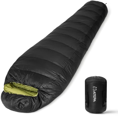 ATEPA Elements 450 Daunenschlafsack für Erwachsene, 700FP recycelte Mumie, kaltes Wetter, Ultraleicht, 3 Jahreszeiten, kompakt, verstaubar, Schlafsack mit 15D-Nylonhülle für Rucksackreisen, Camping