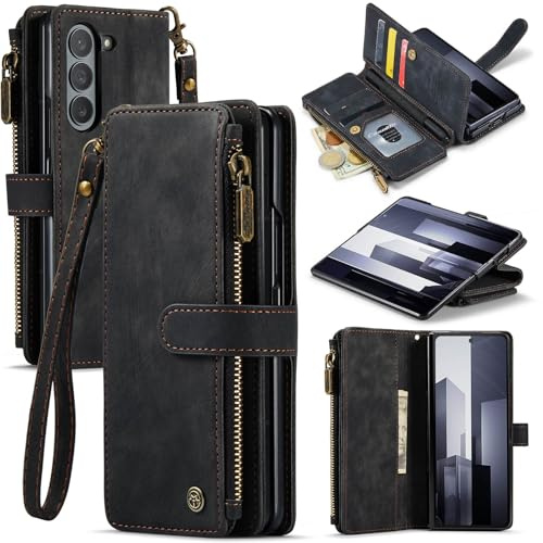 UEEBAI Wallet Case for Samsung Galaxy Z Fold 6 5G, Premium Handmade PU Leather Phone Case Card Slots Magnetic Closure Zipper Pocket Kickstand Flip Case with Hand Strap - Black
