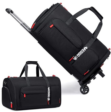 Kleidersack mit Rollen, Vessgra Reisetasche mit Rollen, Umwandelbare Kleider Duffel Tasche mit Schuhfach, Rollender Duffel Bag mit abnehmbarem Trolley System (Schwarz)