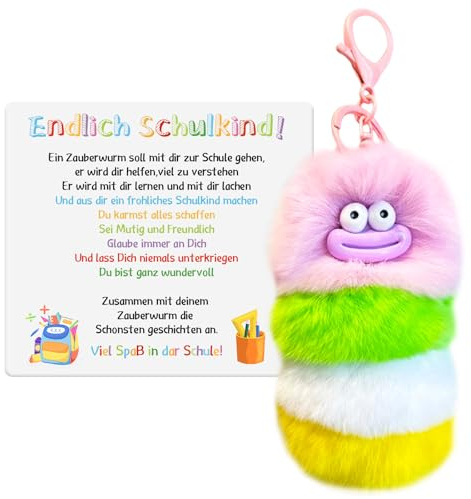 Einschulung Geschenk Schlüsselanhänger Schulkind Geschenke zum Schulbeginn Glücksbringer Schulanfang Schlüsselanhänger Zauberwurm Plüsch (lila und grün)
