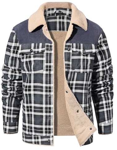 CMTOP Veste Polaire Homme Chemises Boutonnées Bucheron D'hiver Surchemise Veste Polaire Homme à Carreaux Manches Longues Manteau Cargo avec Poches