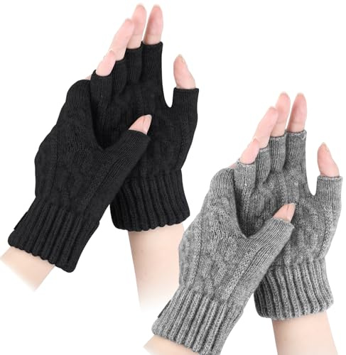 Halinuia 2 Paar Thermo-Fingerlose Handschuhe, Winterhandschuhe für Damen und Herren, Unisex, halbe Finger, warme Handschuhe aus Alpaka-Wolle, Touchscreen, schwarze graue Handschuhe für Radfahren,
