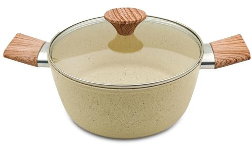 AKH HOUSEWARE Non Stick Casserole Dishes with Lid Cooking Pot 5 Layer Non-Stick Coated Casserole Dishes/Serving Dishes Induction Hob Compatibility Cookware (Beige, 20CM)