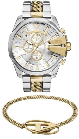 Diesel Herren Mega Chief Multicolor Uhr und Oval D Logo Armband aus goldfarbenem Edelstahl, Set