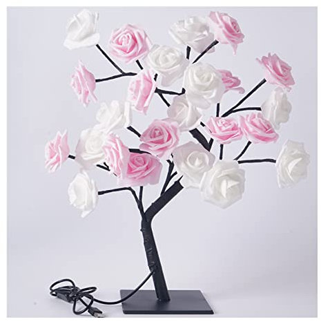 Glomora LED-Tisch-Bonsai-Baum-Lampe, USB-Baumlampe, Weihnachts-Schlafzimmer-Dekoration, Tisch-Nachtlicht (White Pink 24 Lights Rose)