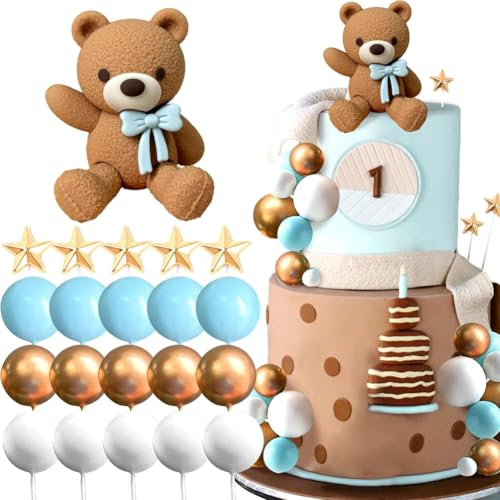 26 PCS Bear Cake Decoration, Teddy Bear Cake Decorations Mini Balls Cake Toppers, Teddy Bear Cupcake Toppers Blue Gold White Foam Balloon Pearl Ball for Baby Shower Birthday Party Supplies