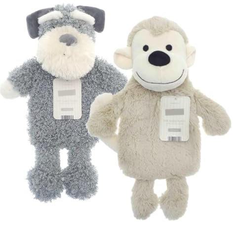 Hot Water Bottle with Cover 1 Litre - Pack of 2 - Faux Fur Fleece Cover Durable Winter Warm - Adults and Kids Animal Fleece Novelty Hot Water Bottle - Monkey Dog