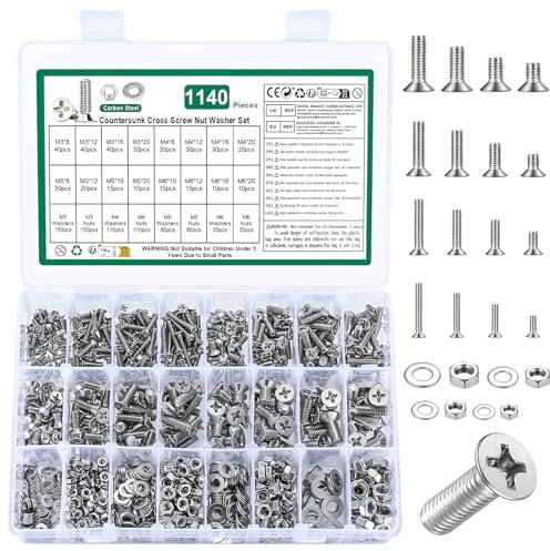 1140 Pz Set di Vis M3 M4 M5 M6, Viti Bulloni e Dadi Set, Bulloni Viti a Testa Svasata e Dadi e Rondelle, Bulloni Viti a Testa Piatta a Croce con Dadi, Viti Bulloni a Testa Svasata(M3 M4 M5 M6)