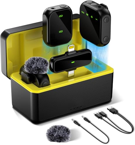 Wireless Lavalier Mikrofon (2TX+1RX) für Kamera, iPhone, Android, PC,2.4GHz Wireless Mic mit 100ft stabile Übertragung,36H Dauer,48kHz/24 bit Hi-Fi Audio für Live-Stream/Vlog/Interview-Aufnahme