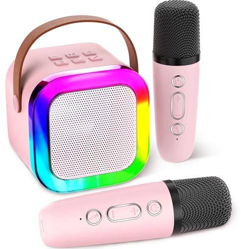 Aplsinvivi Mini Machine de karaoké pour Enfants et Adultes, Mini Machine de karaoké avec 2 Microphones sans Fil, Cadeaux d'anniversaire pour Filles âgés de 6, 7, 8, 9, 10, 12 Ans, Pink