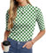 PrinStory Womens Cotton Tshirt Basic Mock Turtleneck Tee Short Half Sleeve T-shirts For Summer Slim Fit Crop Tops Y2K Streetwear (White Green Plaid, L)
