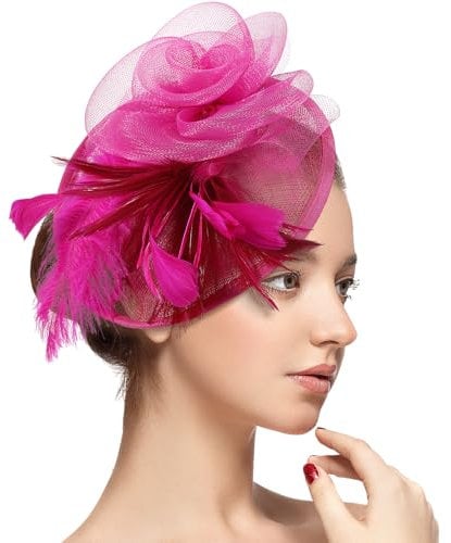 Fuschia Pink Fascinators for Weddings Women, Feather Flower Mesh Fascinator Hat Headband with Hair Clip Bride Ladies Guests Hat for Party Church Cocktail (UK, Alpha, One Size, Fuschia Pink)