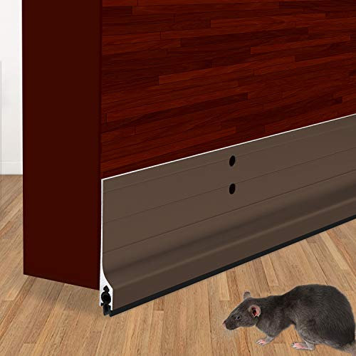 Metal Door Draft Stopper 36 Inch Mice Guard Bottom Seal Strip Drafty Blocker, 3.5 Inch High Aluminium Mouse Sweep, Brown