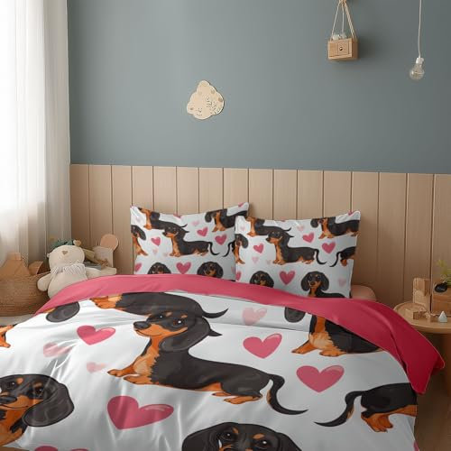 Srigzcaly Tier Dackel Herzen 135x200 cm Hundemotiv Bettwäsche Set mit Reißverschluss, Rosa und Weiß Wendbares Bettbezug - für Jungen Mädchen Mikrofaser Betten Set mit 2 Kissenbezug