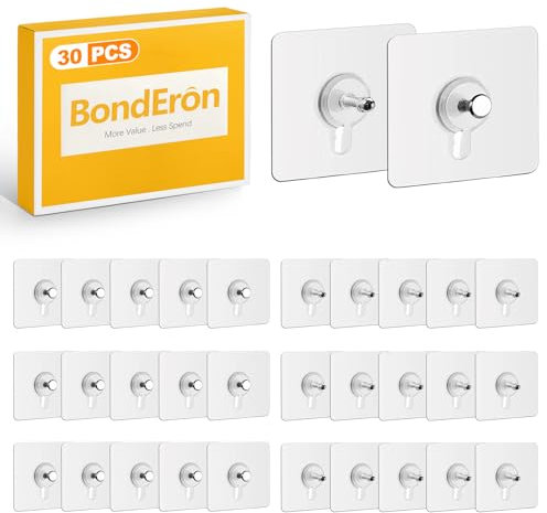 BondEron 30 Stück Klebehaken Bilder Selbstklebend, Bilderhaken Ohne Bohren bis 5kg Tragkraft, Transparente Klebenägel für Bilderrahmen, zum Bilder Aufhängen Ohne Bohren an Wand & Fliesen