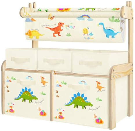 alldomess Kinderregal, Spielzeugregal, Bücherregal Kinder mit 5 Aufbewahrungsboxen 1 Hängefächern,3 Ebenen Kinderschrank Holz für Kinderzimmer, Spielzimmer，Klassenzimmer,Dinosaurier