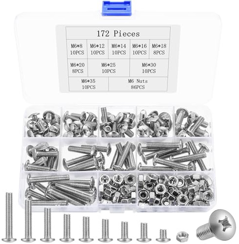 Juego de 172 tornillos M6, tornillos de cabeza redonda con tuercas, juego de tornillos de cabeza alomada, tornillos de cabeza avellanada grandes
