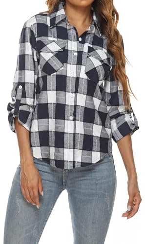 Famrrifuu Chemise a Carreaux Femme Classique Chemisier en Flanelle Bucheron Western Élégant Blouse 100% Coton Décontractée Shirt