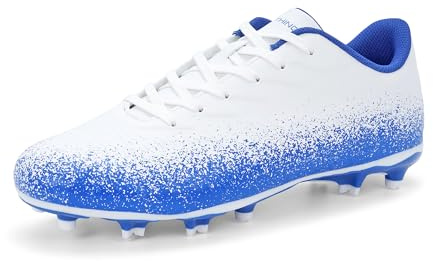 FEETHING Unisex Adults Football Boots for Men Women - Multi Ground Anti Slip Soccer Cleats with Lightweight Cushioning(7UK, White/Blue)