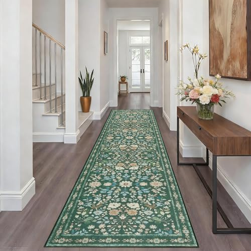 Homcomodar Blumen Teppich Läufer Flur rutschfest 80x300cm Läufer Küche Vintage Boho Teppiche Waschbar Küchenläufer Küchenteppich Grün Teppichläufer für Flur Küchen Eingang Wohnzimmer Schlafzimmer