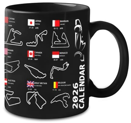 Huipalon Black Ceramic Racing Mug 2026 Calendar Mug Racing Schedule Coffee Mugs Funny Car Gifts for Fans and Racing Lover (11oz 350ml)