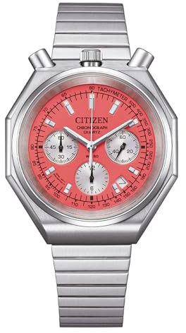 Citizen Chronograph The Luminous Brothers Quarzuhr mit rotem Zifferblatt, Analog-Anzeige, Stahlgehäuse 38 mm, Armband aus Stahl, Tachometer, WR 50 m AN3700-89Z