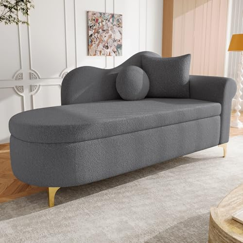 VIEKOS Chaiselongue multifunktional mit Stauraum, wellenförmige Rückenlehne, Lammfell-Optik-Stoff, hochdichter Sitzkissen, inkl. Lendenkissen, Nackenkissen, Antikgrau, 134 cm