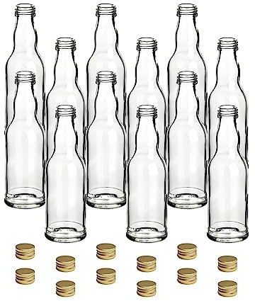 gouveo Juego de 12 botellas de vidrio redondas de 200 ml con tapón de rosca dorado - botellas pequeñas para licor, jugo, vinagre y aceite - juego de botellas (FKT200G)