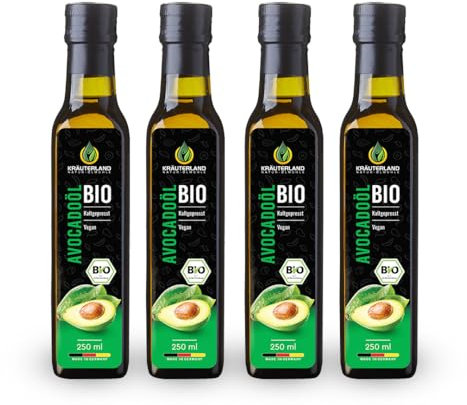 Kräuterland Bio Avocadoöl 4X250ml (1L), kaltgepresst, naturrein ohne Zusatz von Aroma-, Farb- und Konservierungsstoffen, Premium Qualität